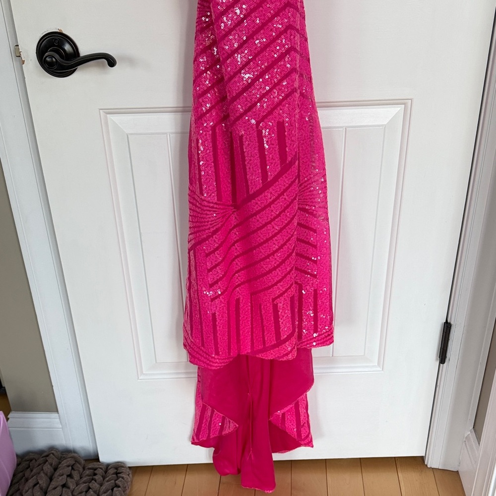 Hot Pink Sequin Spaghetti-Strap Evening Gown - Picture 3 of 8